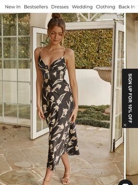 Selfie Leslie Black Slip Midi Dress with Cream Floral Print